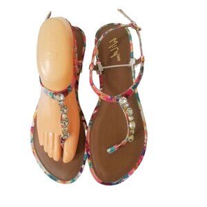 Women's Wild Pair "Camino" Open Toe Casual T-Strap Sandals, Pink Multi, Size 8.5